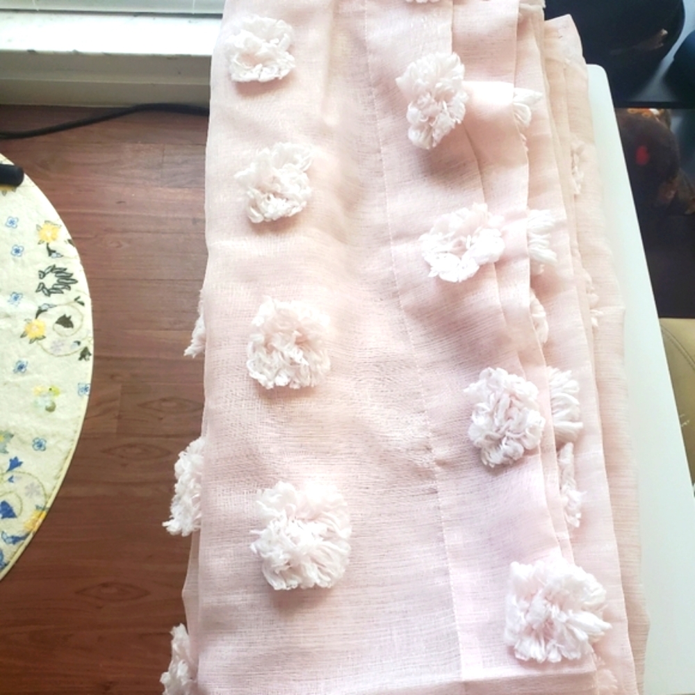 DKNY pink sheer window curtain panel pair with pom poms, 50" x 84"